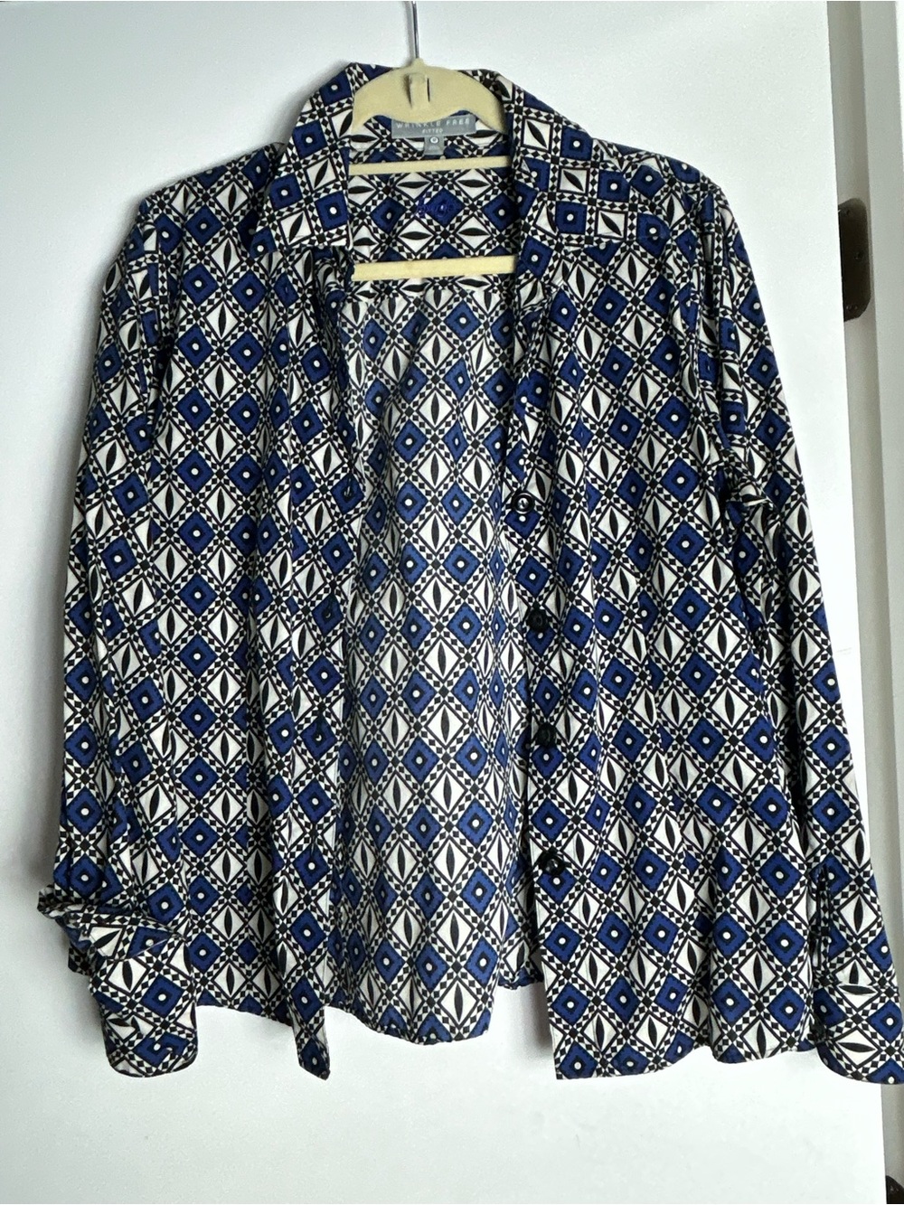 Foxcroft Blue Black and White Geometric Button-Up Blouse